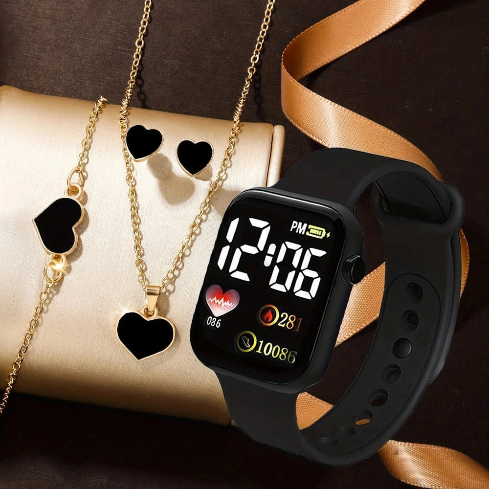 Planet Gates black 5pcs  Rectangular classic fashion Girls Women's digital watch with Love jewelry set analog watch gift