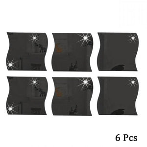 Planet Gates Black 6PCS Mirror Wall Sticker Self Adhesive Acrylic Mirror Wall Sticker DIY Art Mirror Creative Wave Shape Bathroom Living Room Decor