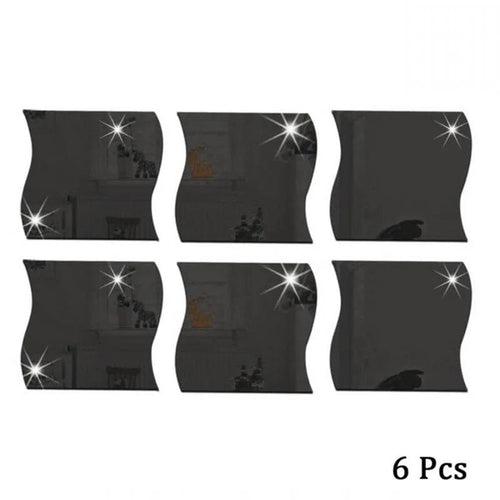 Planet Gates Black 6PCS Mirror Wall Sticker Self Adhesive Acrylic Mirror Wall Sticker DIY Art Mirror Creative Wave Shape Bathroom Living Room Decor