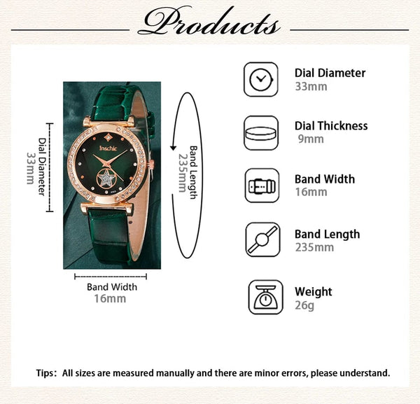 Planet Gates Black 6PCS Set Green Luxury Quartz Watch Women Ring Necklace Earring Rhinestone Fashion Wristwatch Casual Ladies Bracelet Watches