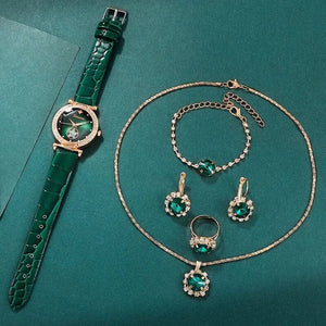 Planet Gates Black 6PCS Set Green Luxury Quartz Watch Women Ring Necklace Earring Rhinestone Fashion Wristwatch Casual Ladies Bracelet Watches