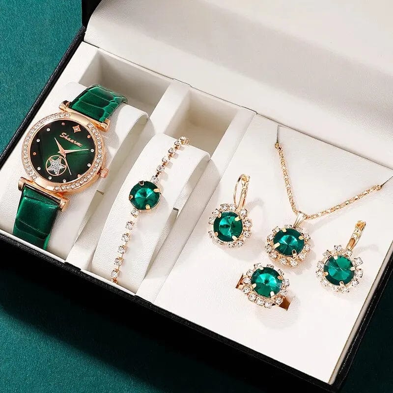Planet Gates Black 6PCS Set Green Luxury Quartz Watch Women Ring Necklace Earring Rhinestone Fashion Wristwatch Casual Ladies Bracelet Watches