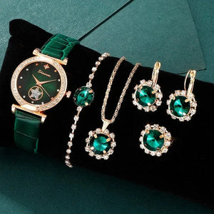 Planet Gates Black 6PCS Set Green Luxury Quartz Watch Women Ring Necklace Earring Rhinestone Fashion Wristwatch Casual Ladies Bracelet Watches