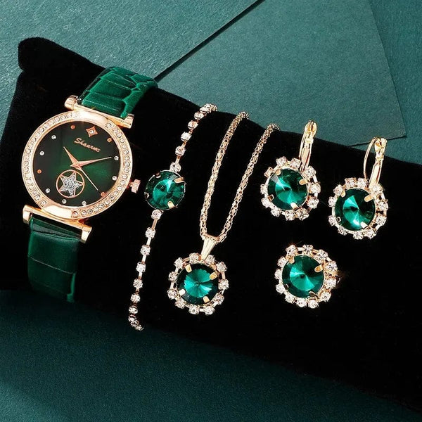 Planet Gates Black 6PCS Set Green Luxury Quartz Watch Women Ring Necklace Earring Rhinestone Fashion Wristwatch Casual Ladies Bracelet Watches