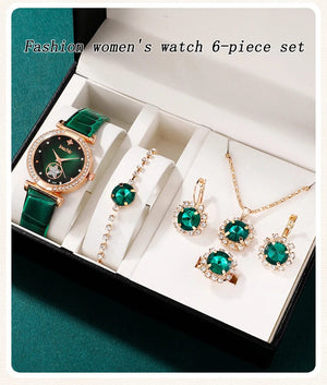 Planet Gates Black 6PCS Set Green Luxury Quartz Watch Women Ring Necklace Earring Rhinestone Fashion Wristwatch Casual Ladies Bracelet Watches