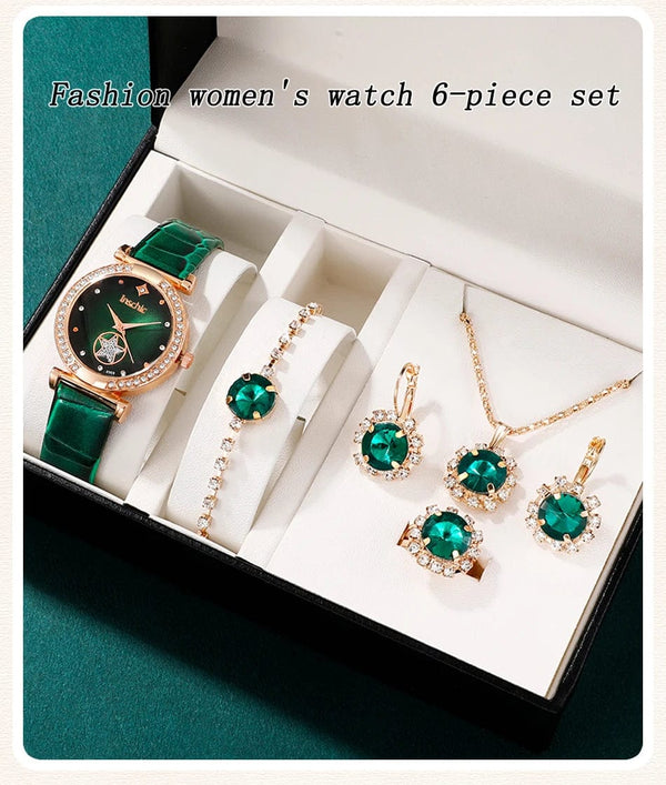 Planet Gates Black 6PCS Set Green Luxury Quartz Watch Women Ring Necklace Earring Rhinestone Fashion Wristwatch Casual Ladies Bracelet Watches