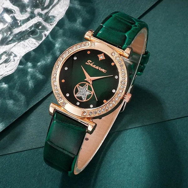 Planet Gates Black 6PCS Set Green Luxury Quartz Watch Women Ring Necklace Earring Rhinestone Fashion Wristwatch Casual Ladies Bracelet Watches