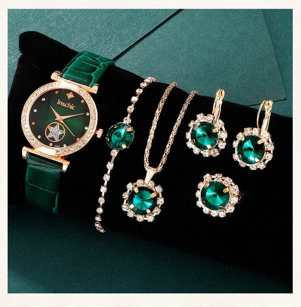 Planet Gates Black 6PCS Set Green Luxury Quartz Watch Women Ring Necklace Earring Rhinestone Fashion Wristwatch Casual Ladies Bracelet Watches