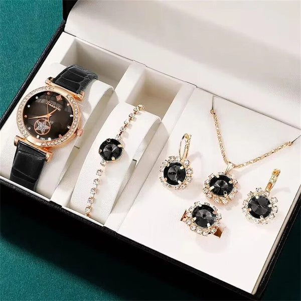 Planet Gates Black 6PCS Set Green Luxury Quartz Watch Women Ring Necklace Earring Rhinestone Fashion Wristwatch Casual Ladies Bracelet Watches