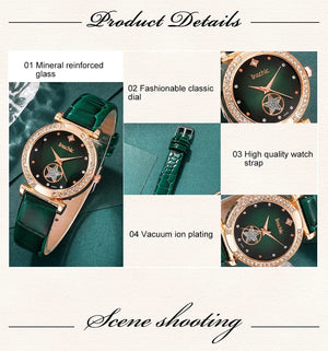 Planet Gates Black 6PCS Set Green Luxury Quartz Watch Women Ring Necklace Earring Rhinestone Fashion Wristwatch Casual Ladies Bracelet Watches