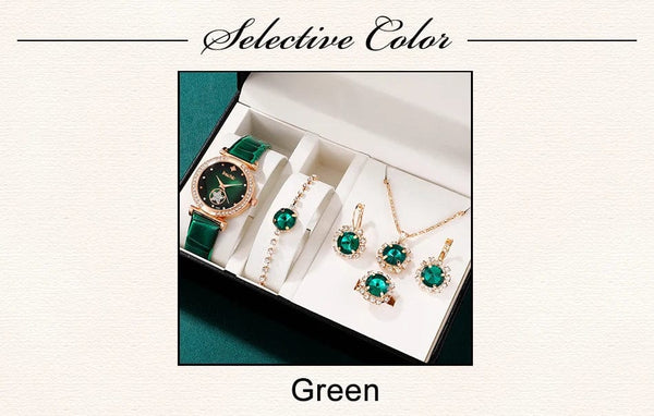 Planet Gates Black 6PCS Set Green Luxury Quartz Watch Women Ring Necklace Earring Rhinestone Fashion Wristwatch Casual Ladies Bracelet Watches