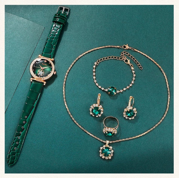 Planet Gates Black 6PCS Set Green Luxury Quartz Watch Women Ring Necklace Earring Rhinestone Fashion Wristwatch Casual Ladies Bracelet Watches