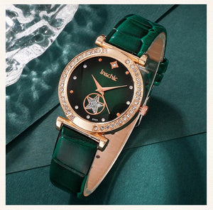 Planet Gates Black 6PCS Set Green Luxury Quartz Watch Women Ring Necklace Earring Rhinestone Fashion Wristwatch Casual Ladies Bracelet Watches