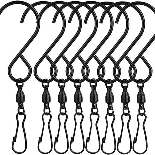 Planet Gates Black 8 Packs Swivel Wind Chime Hooks S-Type Stainless Steel Swivel Bearing Hooks For Hanging Wind Chimes, Bird Feeder, Crystal Party Supplies (Black)