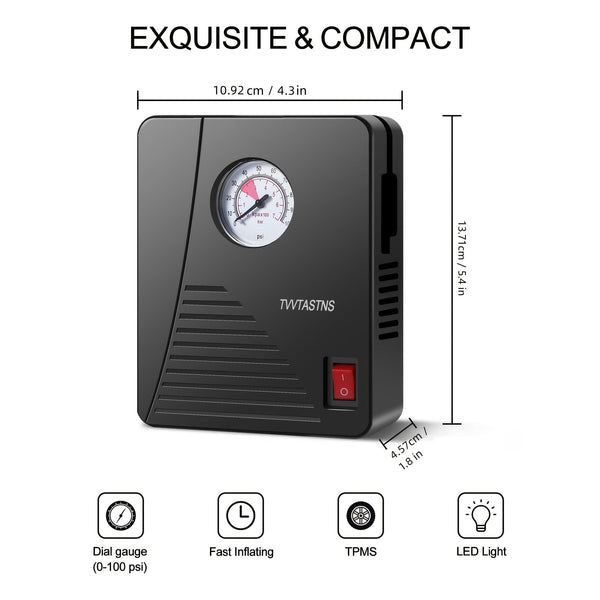 Planet Gates Black Air Compressor Tire Inflator Portable Air Pump For Car Tires 12V DC Auto Tire Pump 100PSI With LED Light For Car, Bicycle, And Other Inflatables