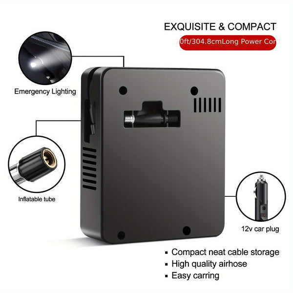 Planet Gates Black Air Compressor Tire Inflator Portable Air Pump For Car Tires 12V DC Auto Tire Pump 100PSI With LED Light For Car, Bicycle, And Other Inflatables