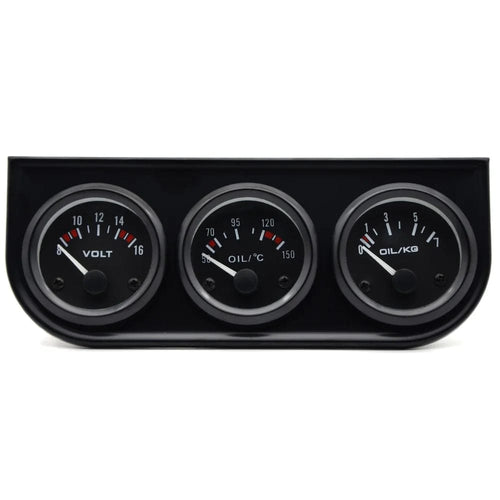 Planet Gates Black and Black Oil Temp Oil Pressure Volt Gauge 52mm 3 in 1 Triple Gauge Kit Black/Chrome Bezel Black/White Face With Temp&Pressure Sensor