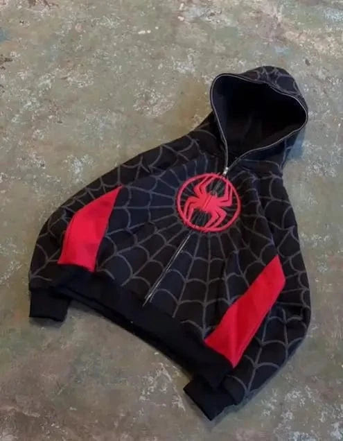 Planet Gates black and red / S New Gothic Dark Spider Print Hooded Cardigan Women's Zip Loose Jacket Tops Woman