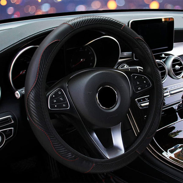 Planet Gates Black Automobile Steering Wheel Cover, Elastic Carbon Fiber PU Leather Without Inner Ring, Various Colors Available