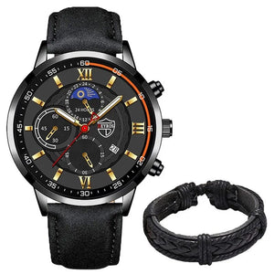 Planet Gates Black Blue 2PCS Set Fashion Mens Sports Watches Man Business Leather Bracelet Quartz Watch Luxury Men Casual Luminous Clock Reloj Hombre