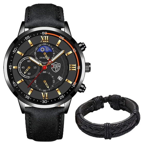 Planet Gates Black Blue 2PCS Set Fashion Mens Sports Watches Man Business Leather Bracelet Quartz Watch Luxury Men Casual Luminous Clock Reloj Hombre