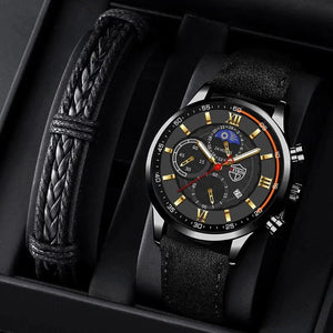 Planet Gates Black Blue 2PCS Set Fashion Mens Sports Watches Man Business Leather Bracelet Quartz Watch Luxury Men Casual Luminous Clock Reloj Hombre