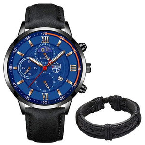 Planet Gates Black Blue 2PCS Set Fashion Mens Sports Watches Man Business Leather Bracelet Quartz Watch Luxury Men Casual Luminous Clock Reloj Hombre
