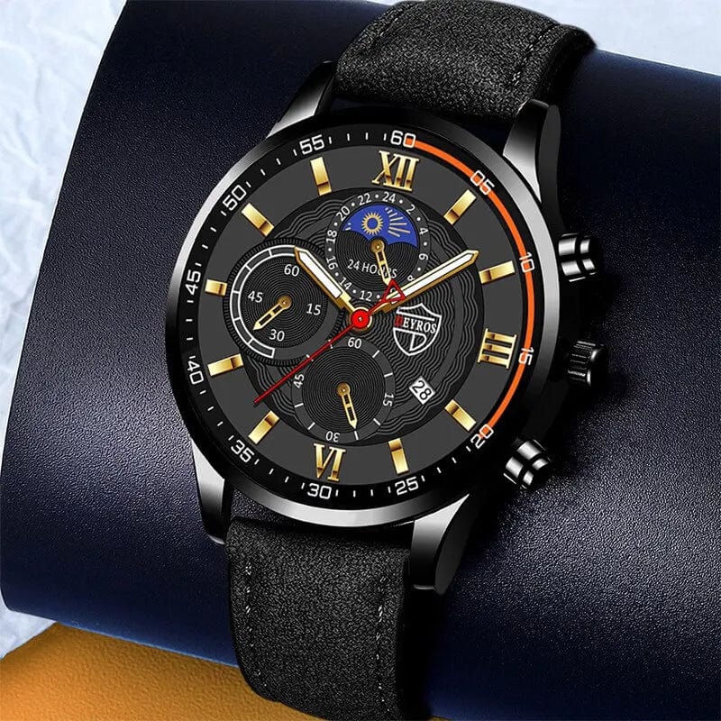 Planet Gates Black Blue 2PCS Set Fashion Mens Sports Watches Man Business Leather Bracelet Quartz Watch Luxury Men Casual Luminous Clock Reloj Hombre