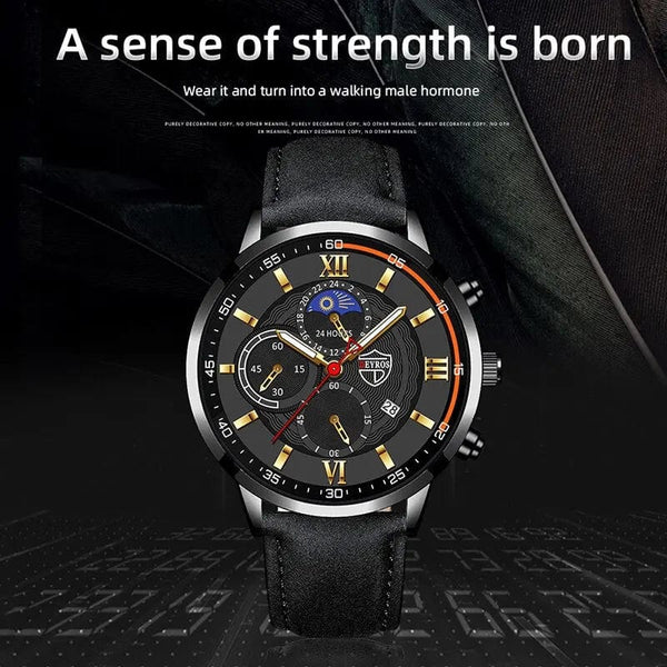 Planet Gates Black Blue 2PCS Set Fashion Mens Sports Watches Man Business Leather Bracelet Quartz Watch Luxury Men Casual Luminous Clock Reloj Hombre
