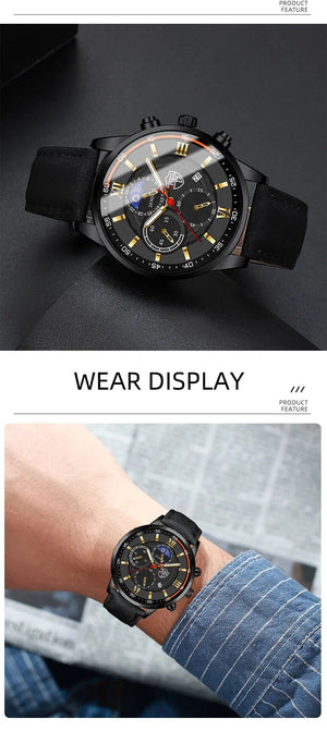 Planet Gates Black Blue 2PCS Set Fashion Mens Sports Watches Man Business Leather Bracelet Quartz Watch Luxury Men Casual Luminous Clock Reloj Hombre