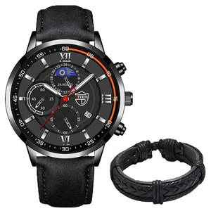 Planet Gates Black Blue 2PCS Set Fashion Mens Sports Watches Man Business Leather Bracelet Quartz Watch Luxury Men Casual Luminous Clock Reloj Hombre