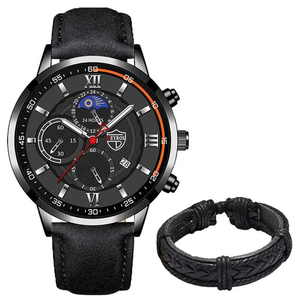 Planet Gates Black Blue 2PCS Set Fashion Mens Sports Watches Man Business Leather Bracelet Quartz Watch Luxury Men Casual Luminous Clock Reloj Hombre