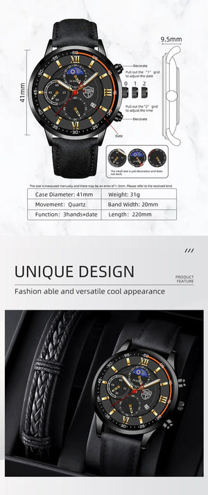 Planet Gates Black Blue 2PCS Set Fashion Mens Sports Watches Man Business Leather Bracelet Quartz Watch Luxury Men Casual Luminous Clock Reloj Hombre