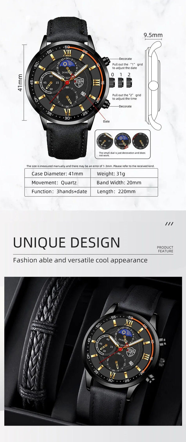 Planet Gates Black Blue 2PCS Set Fashion Mens Sports Watches Man Business Leather Bracelet Quartz Watch Luxury Men Casual Luminous Clock Reloj Hombre