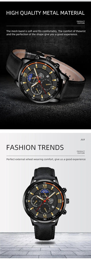 Planet Gates Black Blue 2PCS Set Fashion Mens Sports Watches Man Business Leather Bracelet Quartz Watch Luxury Men Casual Luminous Clock Reloj Hombre