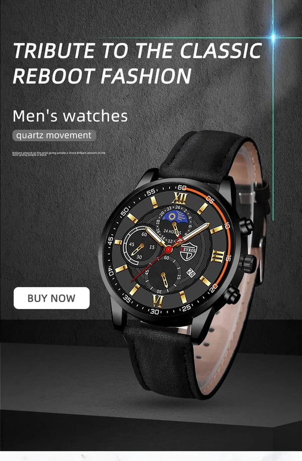 Planet Gates Black Blue 2PCS Set Fashion Mens Sports Watches Man Business Leather Bracelet Quartz Watch Luxury Men Casual Luminous Clock Reloj Hombre