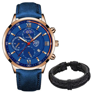 Planet Gates Black Blue 2PCS Set Fashion Mens Sports Watches Man Business Leather Bracelet Quartz Watch Luxury Men Casual Luminous Clock Reloj Hombre