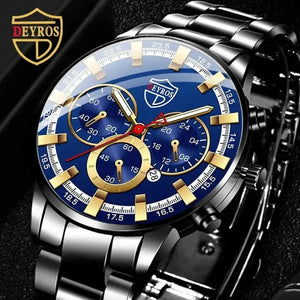 Planet Gates Black Blue Fashion Men's Watches Business Stainless Steel Quartz Wrist Watch Calendar Date Male Casual Sports Luminous Clock