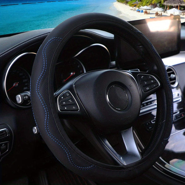 Planet Gates Black Blue PU Leather Three-dimensional Pressure Hole Without Inner Ring Car Steering Wheel Cover Suitable For 37-38CM Car Accessories For All Seasons