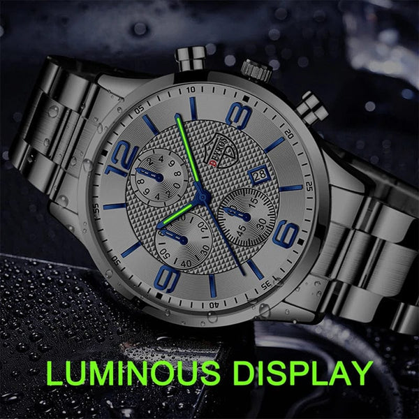 Planet Gates Black Blue reloj hombre Luxury Business Men Watchs Stainless Steel Quartz WristWatch Male Leather Calendar Luminous Clock relogio masculino