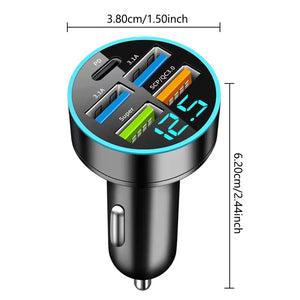 Planet Gates black Car Charger 5 Ports USB Super Fast Charging Intelligent Charging Voltage Detection Digital Display Car Adapter Phone Charger