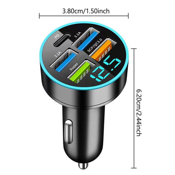 Planet Gates black Car Charger 5 Ports USB Super Fast Charging Intelligent Charging Voltage Detection Digital Display Car Adapter Phone Charger