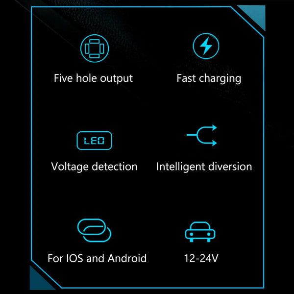Planet Gates black Car Charger 5 Ports USB Super Fast Charging Intelligent Charging Voltage Detection Digital Display Car Adapter Phone Charger