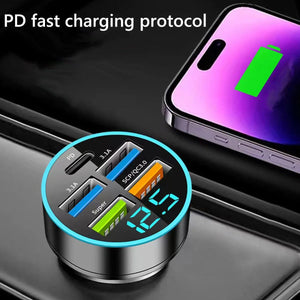Planet Gates black Car Charger 5 Ports USB Super Fast Charging Intelligent Charging Voltage Detection Digital Display Car Adapter Phone Charger