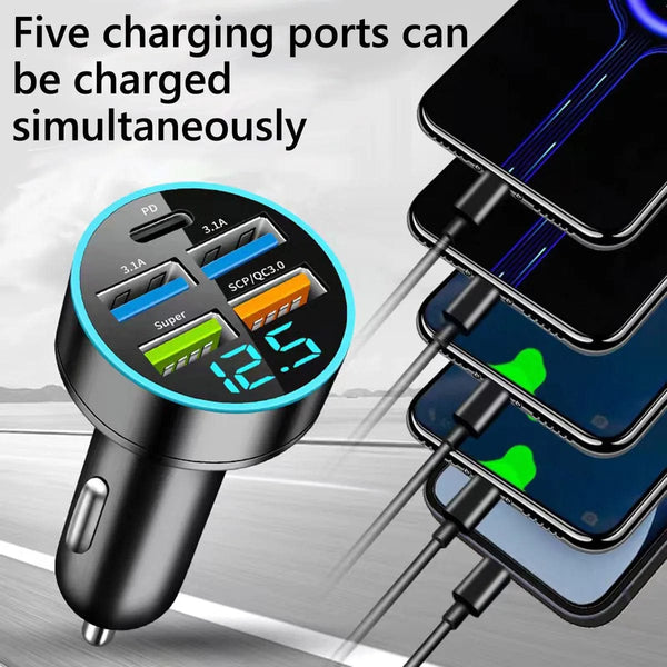 Planet Gates black Car Charger 5 Ports USB Super Fast Charging Intelligent Charging Voltage Detection Digital Display Car Adapter Phone Charger
