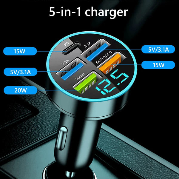 Planet Gates black Car Charger 5 Ports USB Super Fast Charging Intelligent Charging Voltage Detection Digital Display Car Adapter Phone Charger
