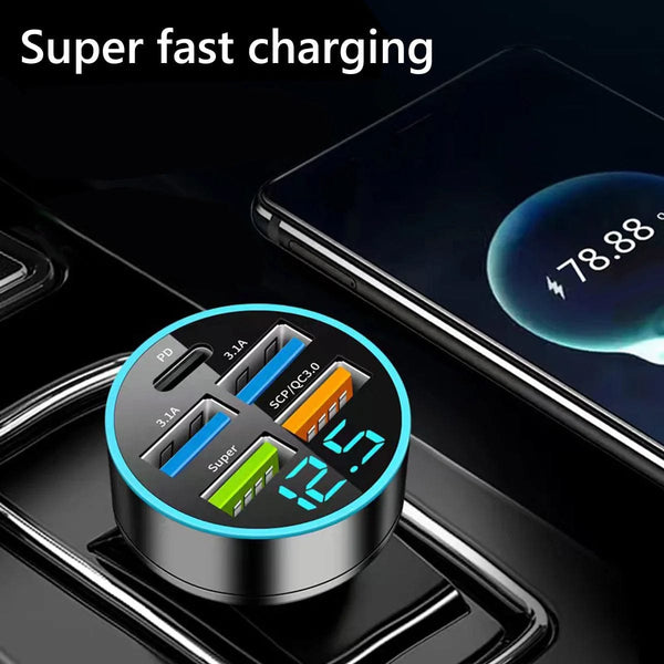 Planet Gates black Car Charger 5 Ports USB Super Fast Charging Intelligent Charging Voltage Detection Digital Display Car Adapter Phone Charger