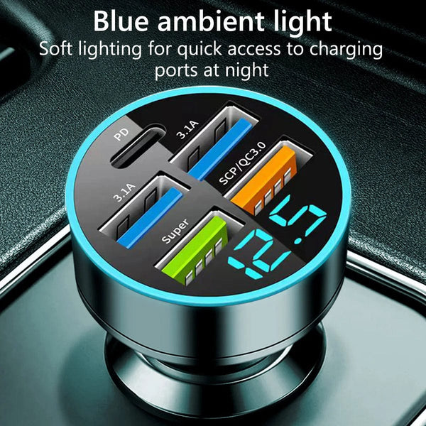 Planet Gates black Car Charger 5 Ports USB Super Fast Charging Intelligent Charging Voltage Detection Digital Display Car Adapter Phone Charger