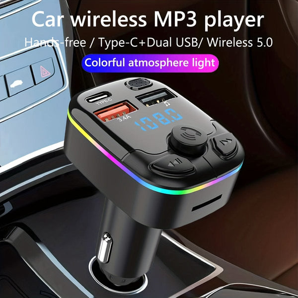 Planet Gates Black Car FM Transmitter Modulator Support TF Card U Disk Car MP3 Player Dual USB Type C Car Charger Phone Charger Handsfree Car Kit