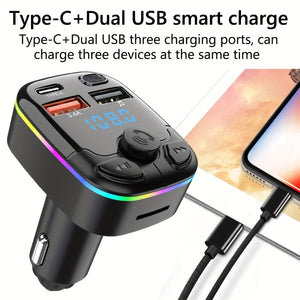 Planet Gates Black Car FM Transmitter Modulator Support TF Card U Disk Car MP3 Player Dual USB Type C Car Charger Phone Charger Handsfree Car Kit